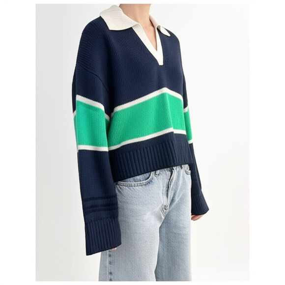 New Spiritual Gangster Womens XL Navy Green Stripe Cropped V-Neck Sweater - Picture 6 of 6